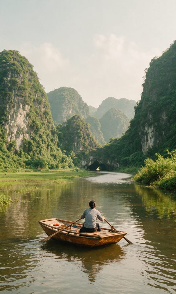 A wooden sampan rowed between sheer limestone karst towers on the river at Ninh Binh