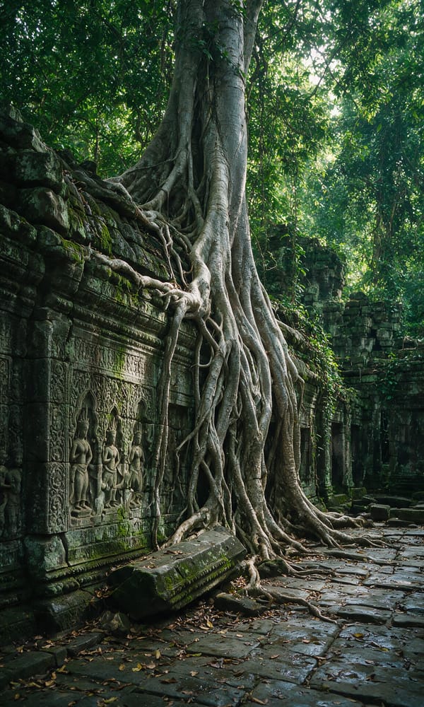 Strangler fig roots pouring over a carved sandstone gallery wall at Ta Prohm in Angkor