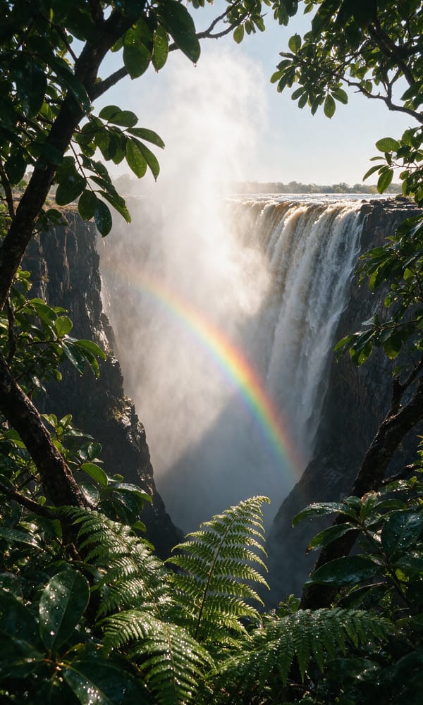 Spray and a rainbow rising from the Eastern Cataract of Victoria Falls above the basalt gorge