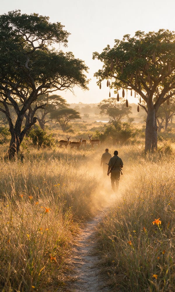 Two walkers seen from behind on a game path through dry grass under ebony trees at first light