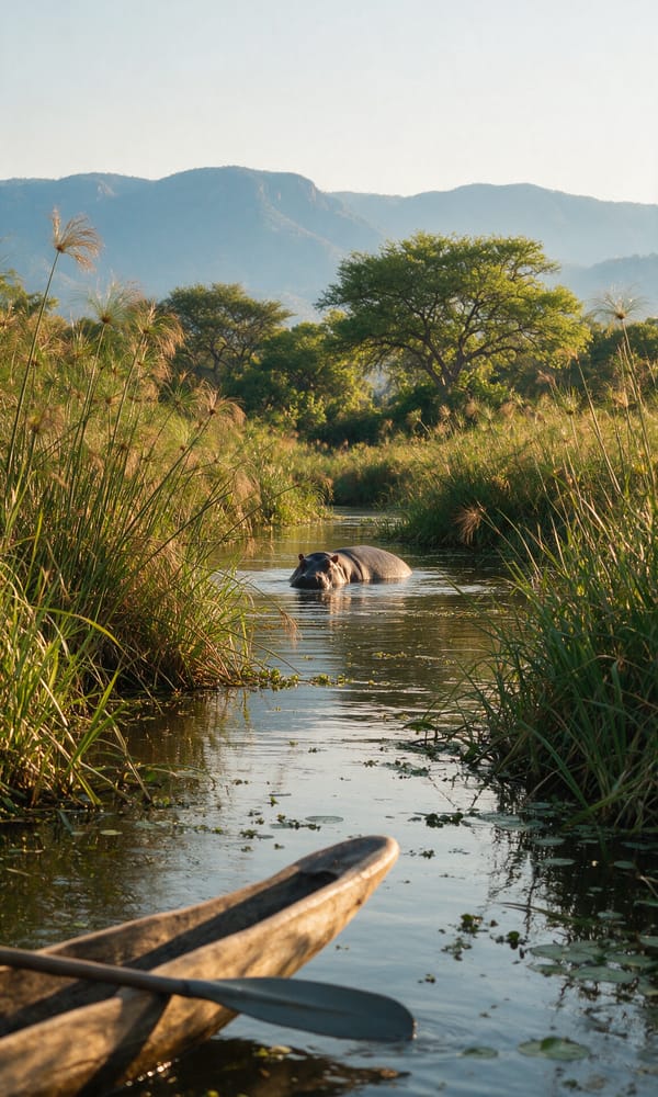 A canoe bow and paddle in a reed-lined Lower Zambezi channel with the escarpment behind