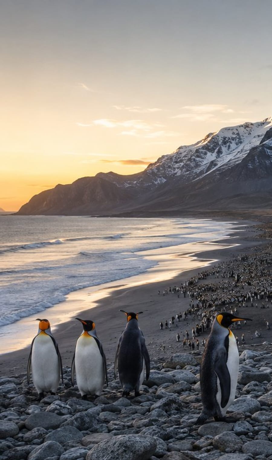 King penguins gathered on a stony South Georgia beach below snow-covered peaks