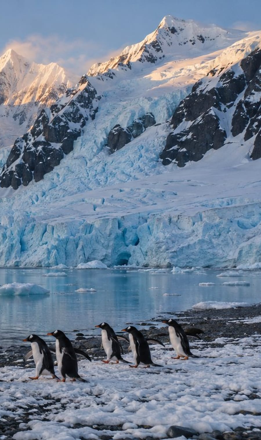 Gentoo penguins on a stony shore below a glacier front on the Antarctic Peninsula