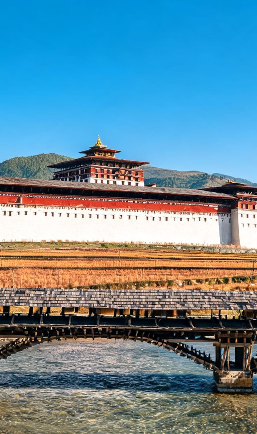 A whitewashed dzong above its cantilever bridge in the Paro Valley, Bhutan
