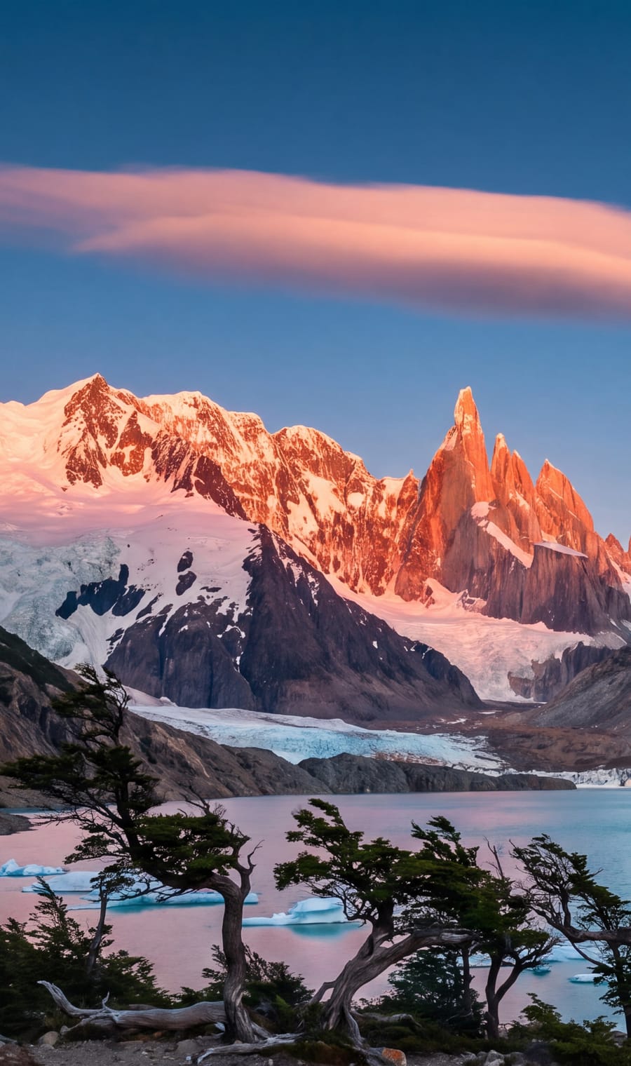 Granite spires above a glacial lake and wind-bent trees in the southern Andes