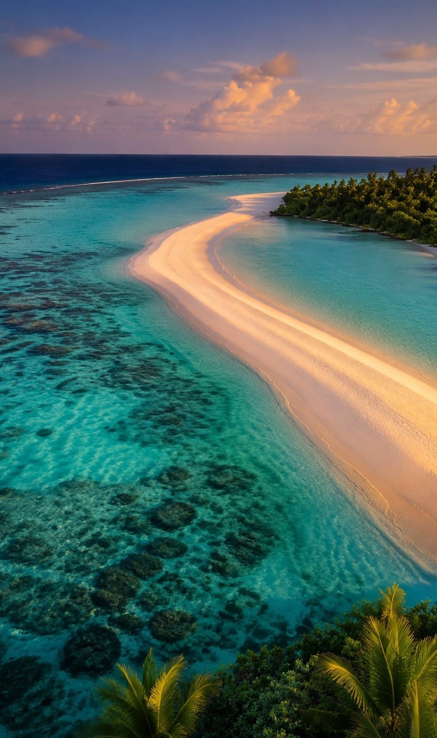 An aerial view of a sandbar curving into reef shallows