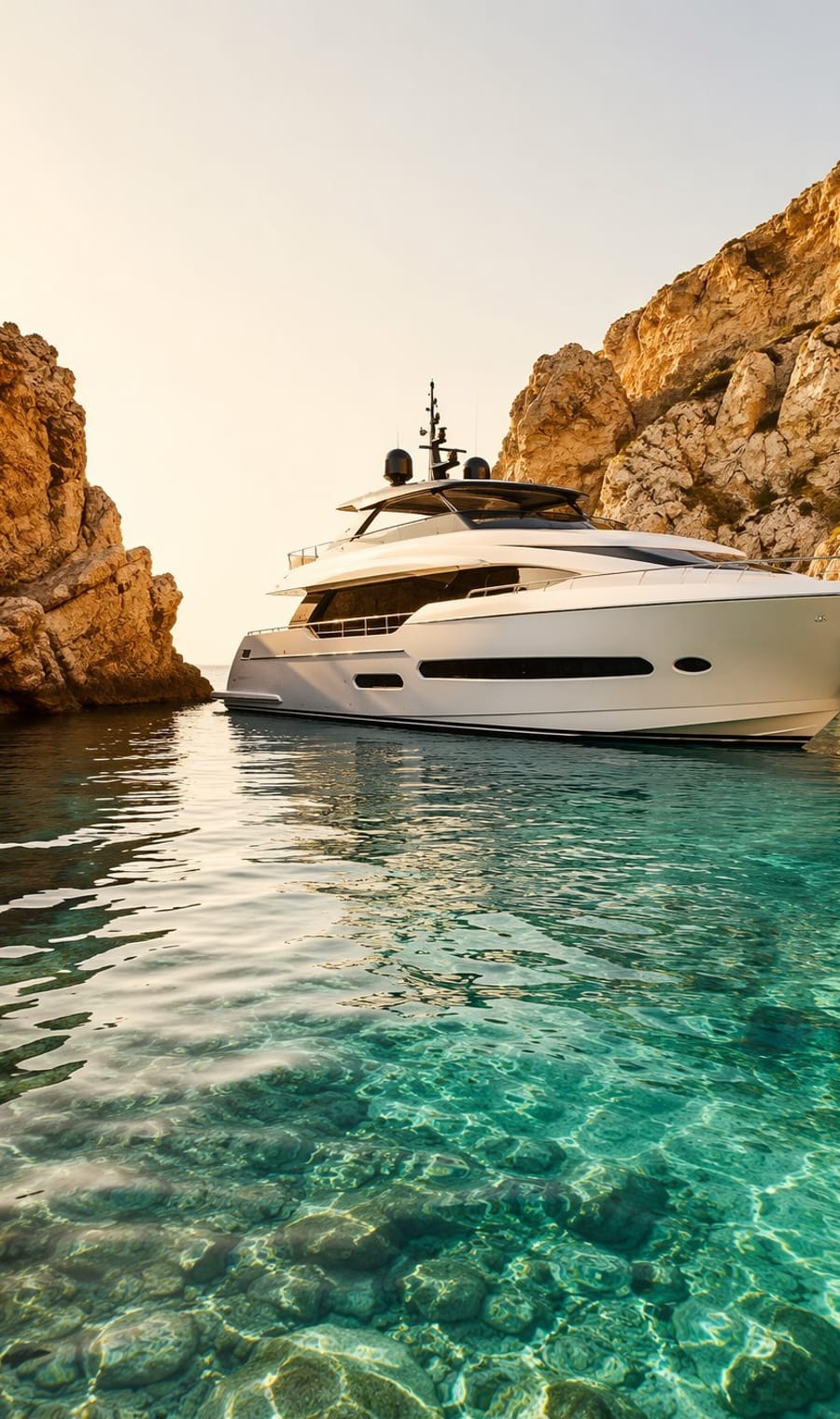 A white motor yacht anchored in a rocky Mediterranean cove