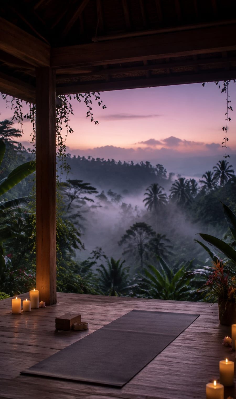A candlelit yoga pavilion open to mist over the jungle at dawn