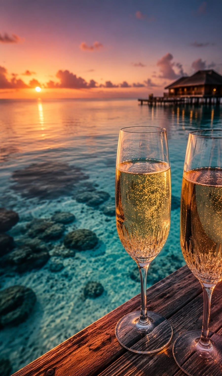 Two champagne flutes on a deck rail above the lagoon at sunset