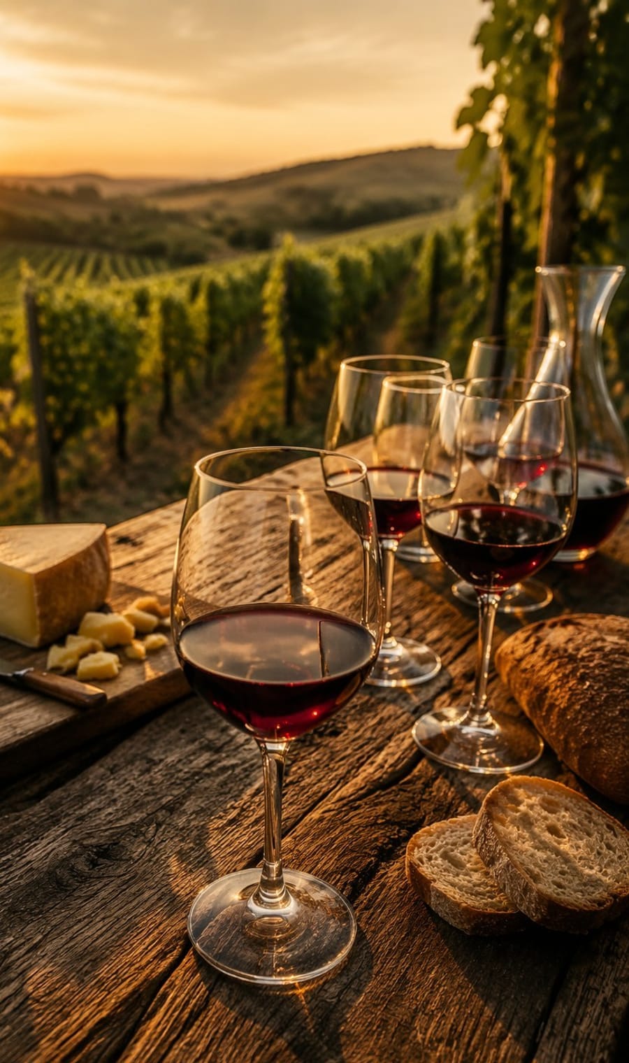 Glasses of red wine, pecorino and bread on a weathered table above a Tuscan vineyard at golden hour