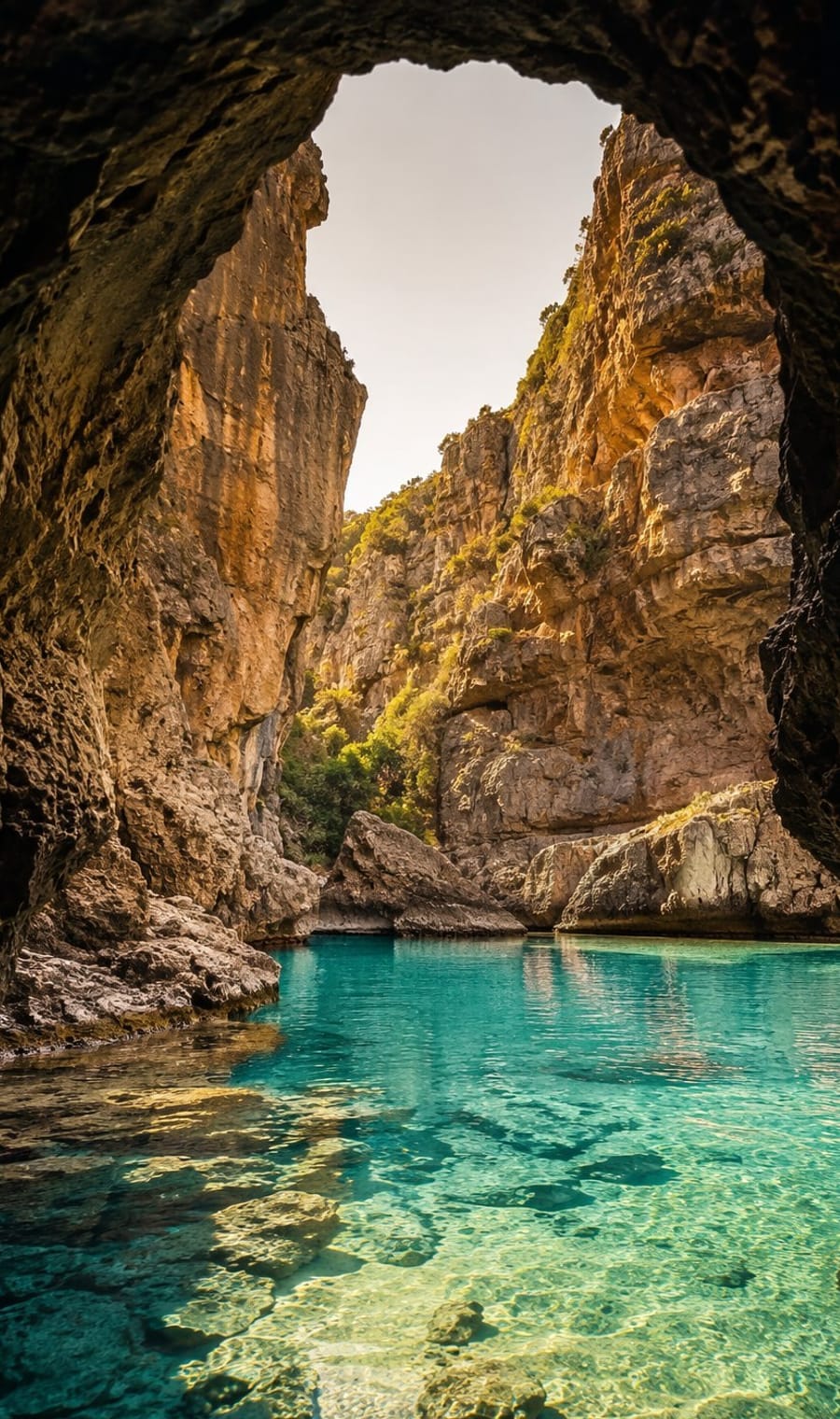 A sea cave arch opening onto clear turquoise water