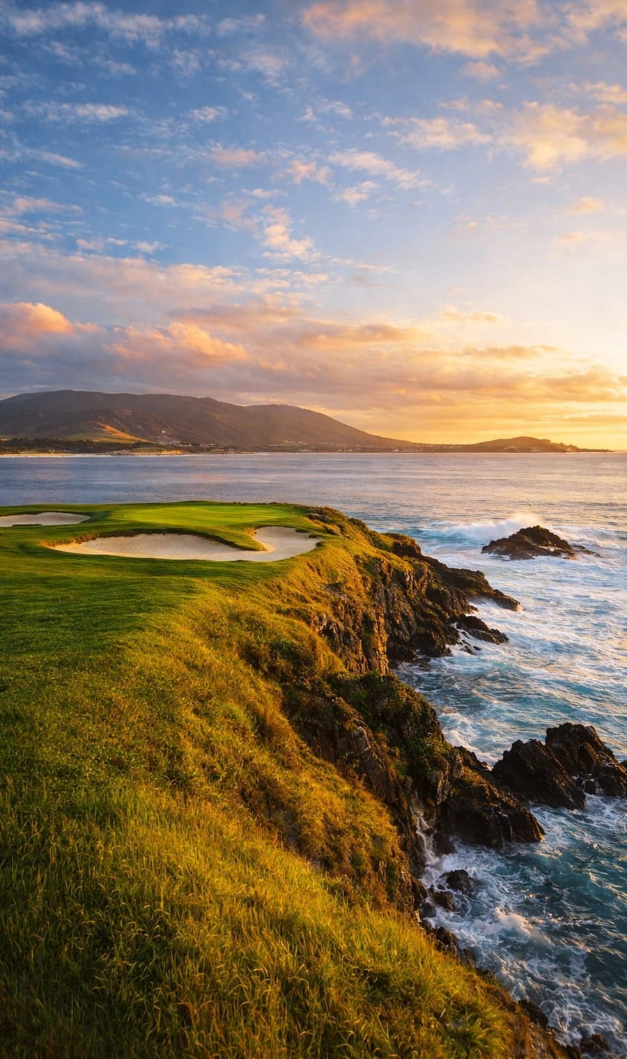 A clifftop green at Pebble Beach Golf Links above the Pacific at sunset