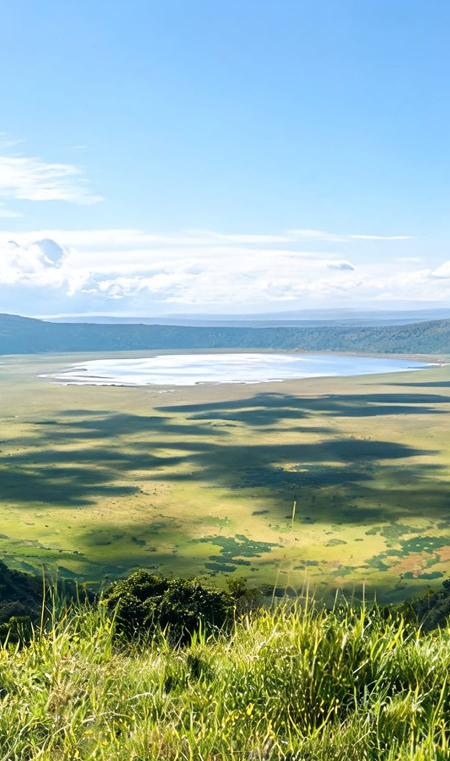The green floor of the Ngorongoro Crater with its soda lake beyond