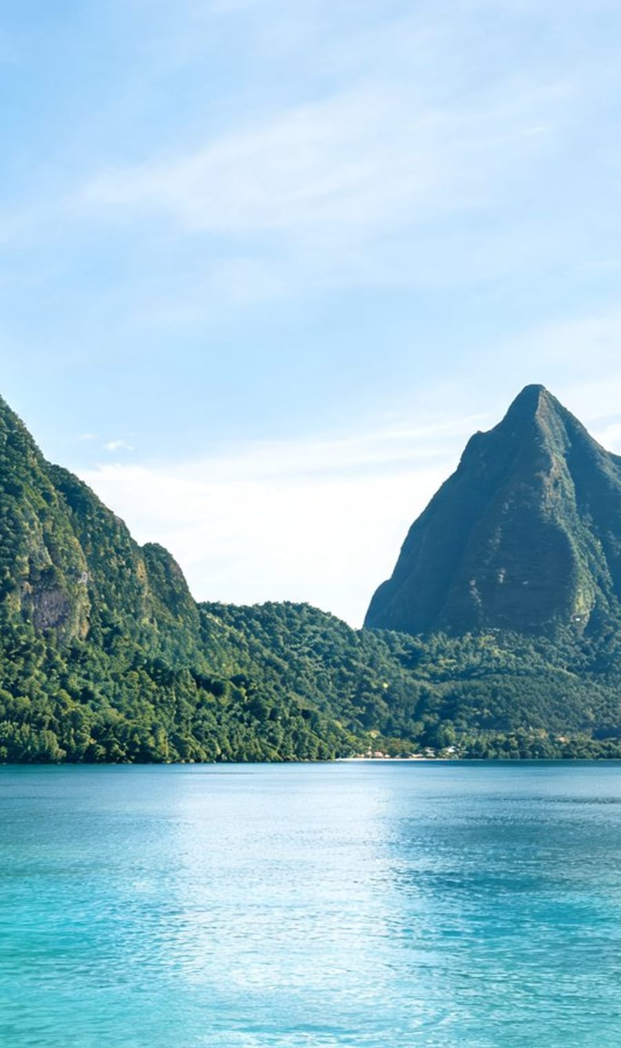 The twin volcanic Pitons rising straight out of the Caribbean at St Lucia