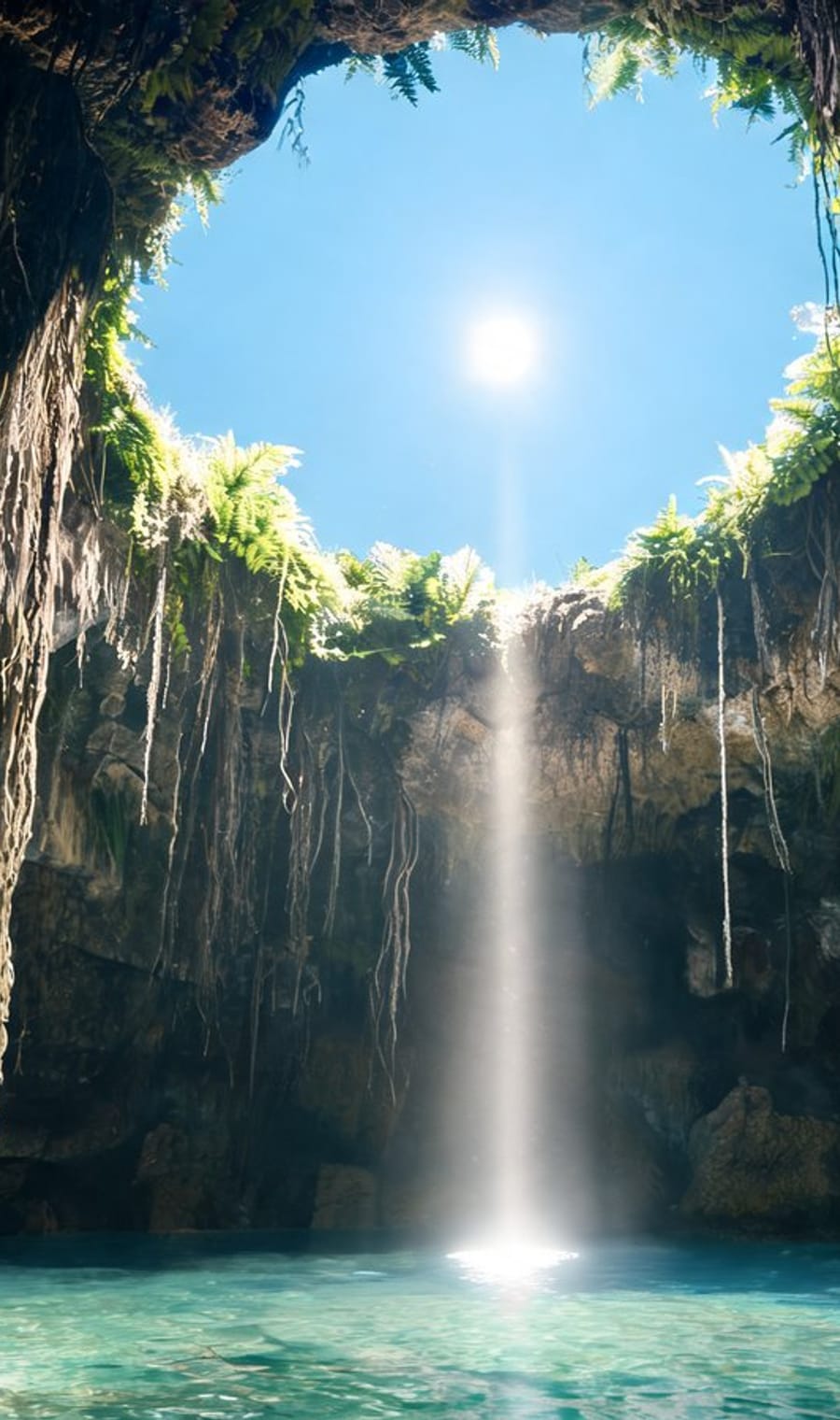 A shaft of daylight falling into the blue water of a Yucatán cenote