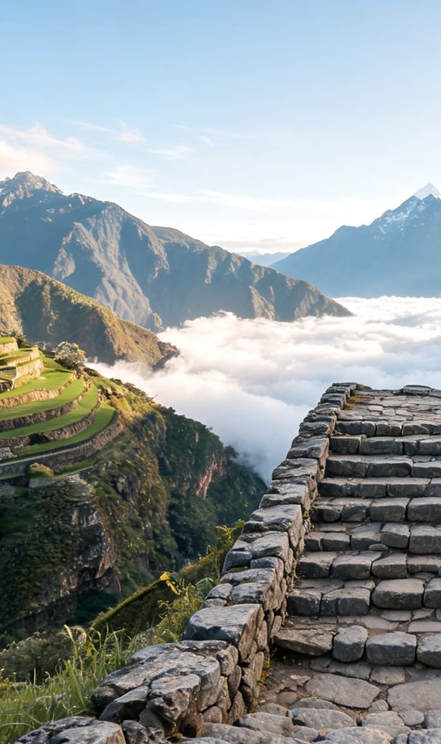 An Inca stone stairway climbing a ridge above the cloud line in Peru