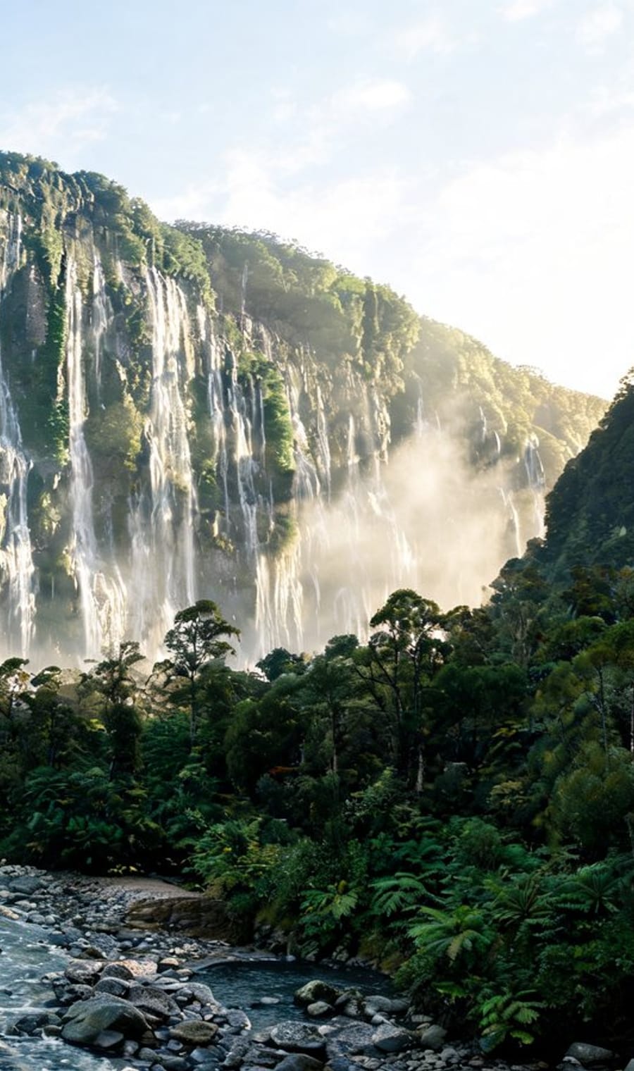 Waterfalls dropping down sheer green walls into a Fiordland valley