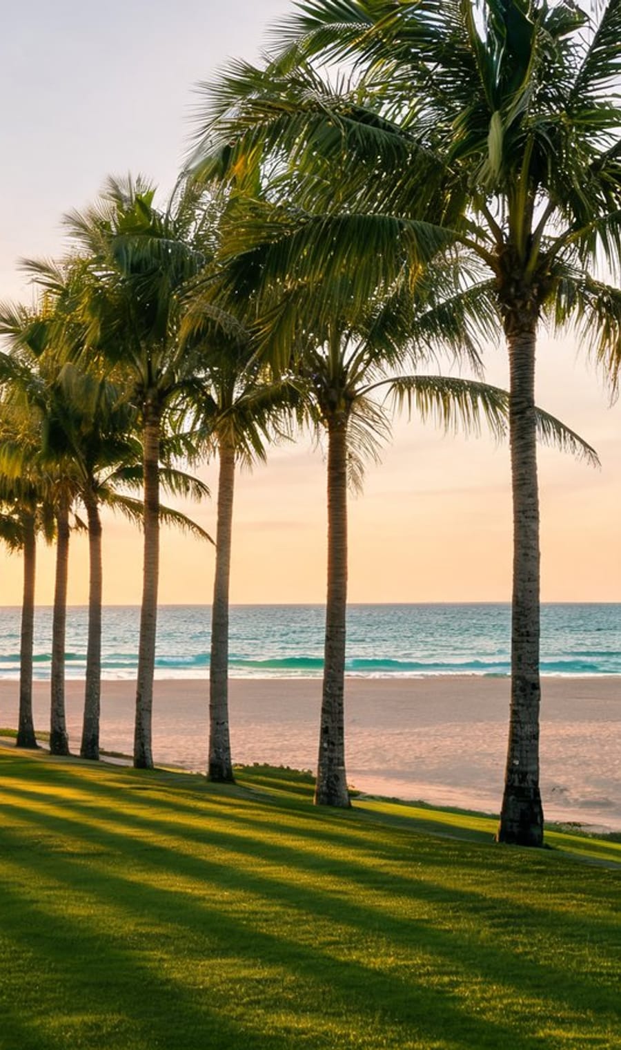 A colonnade of palms over mown grass leading to the sea at Punta Cana