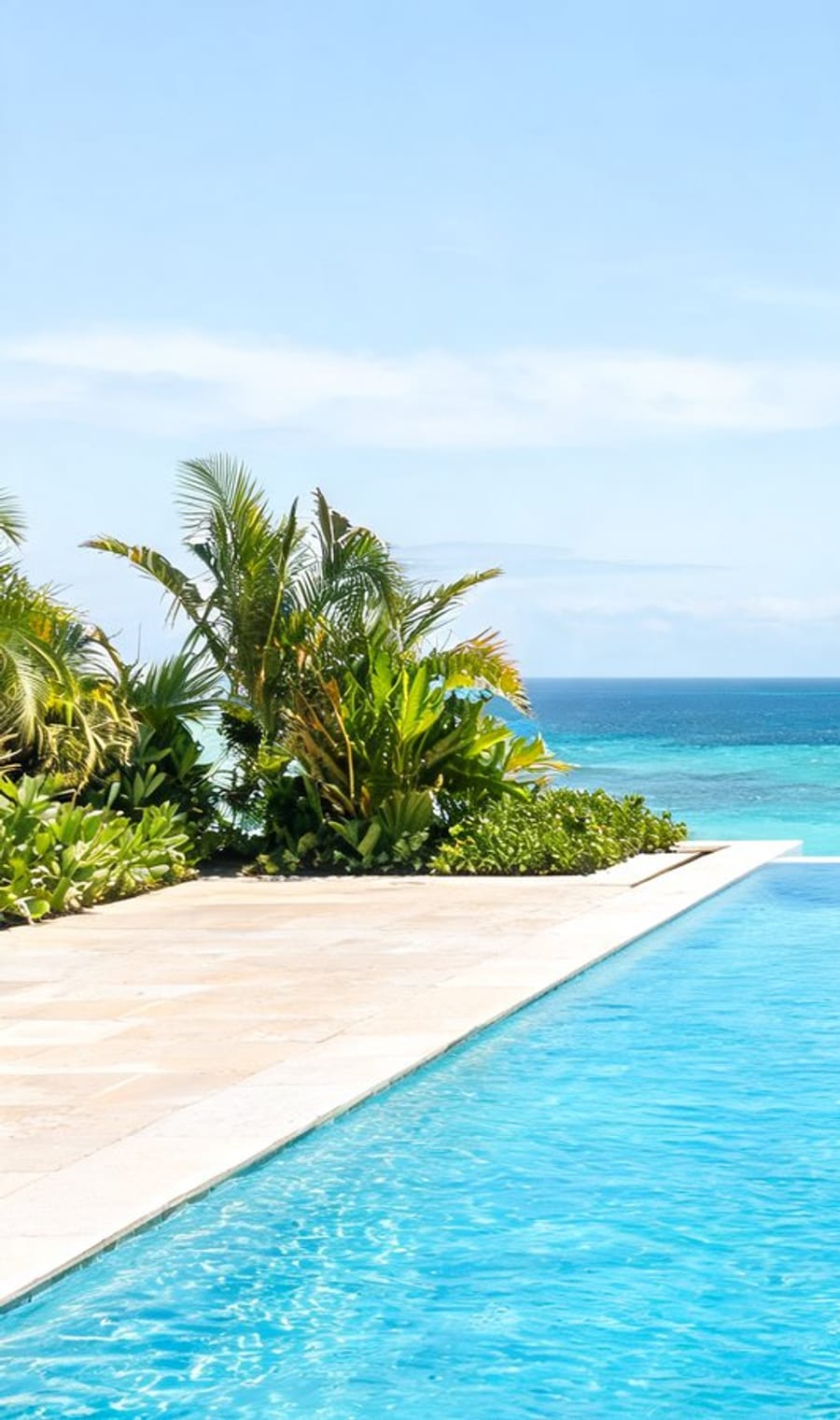The edge of an infinity pool framed by palms, level with the turquoise shallows off Providenciales