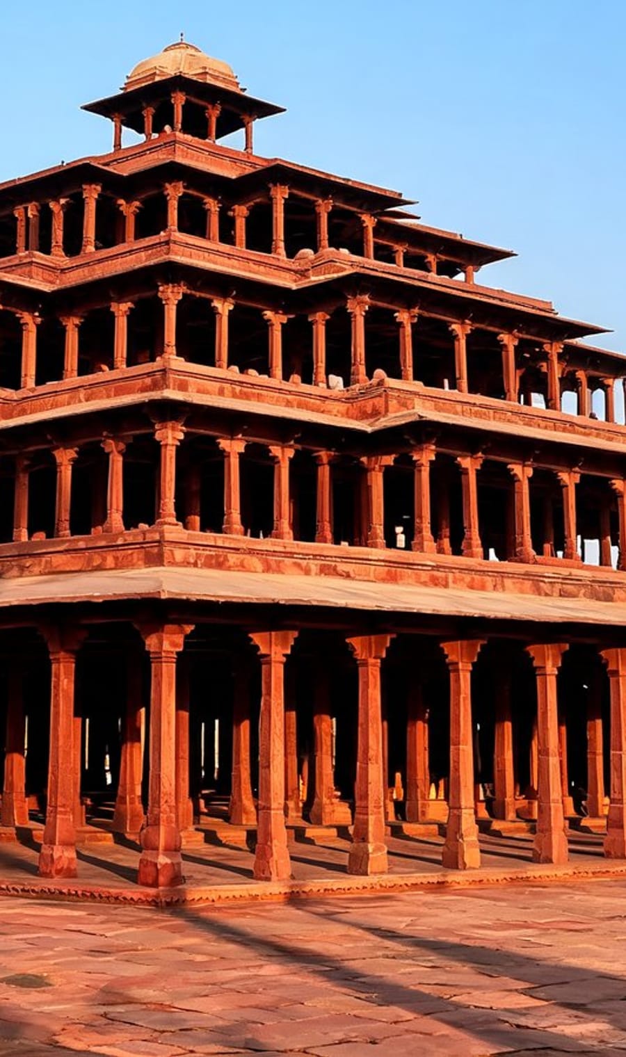 The red sandstone colonnades of the Panch Mahal at Fatehpur Sikri near Agra