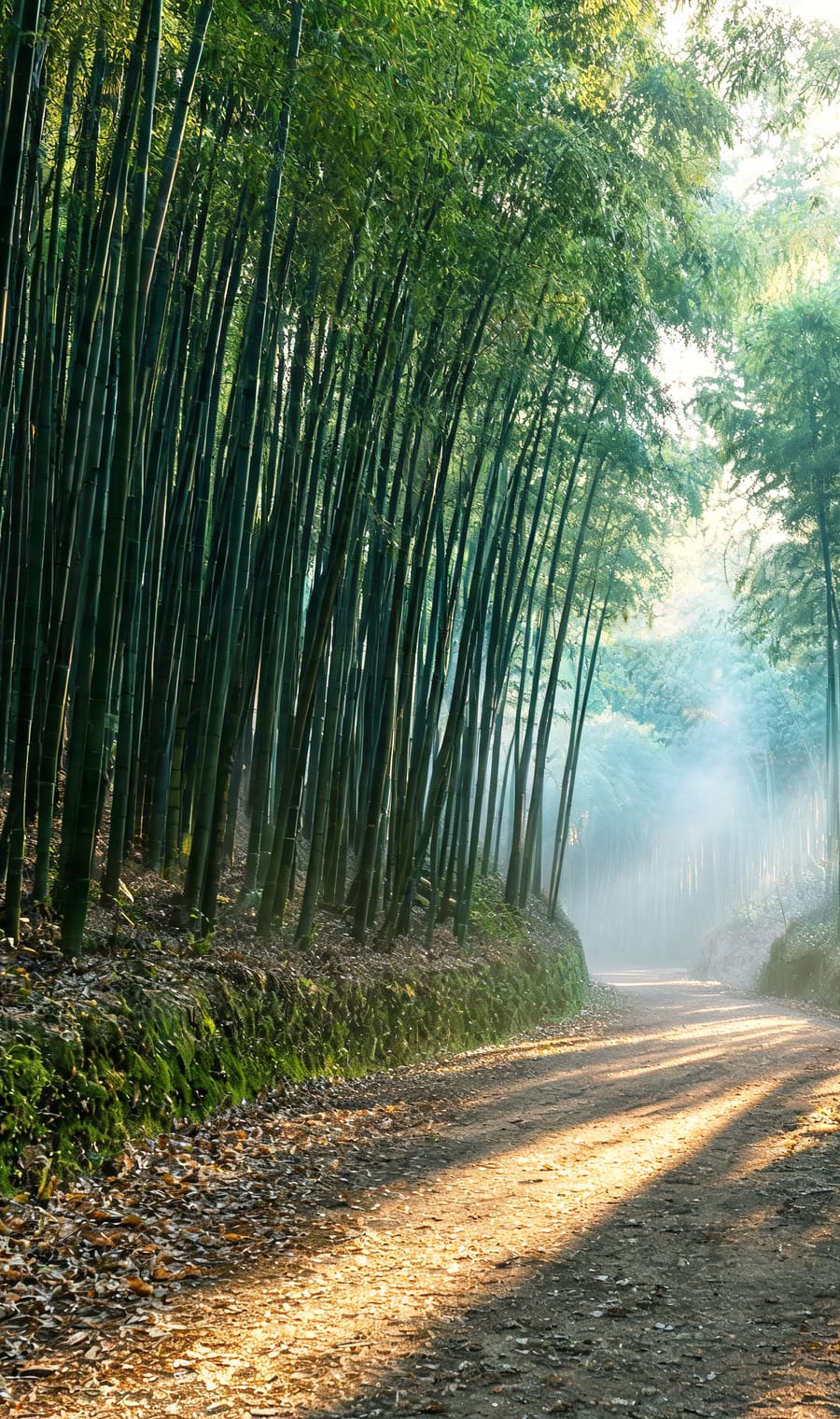 A gravel path running between dense stands of bamboo in a Kyoto grove, lit by low morning sun