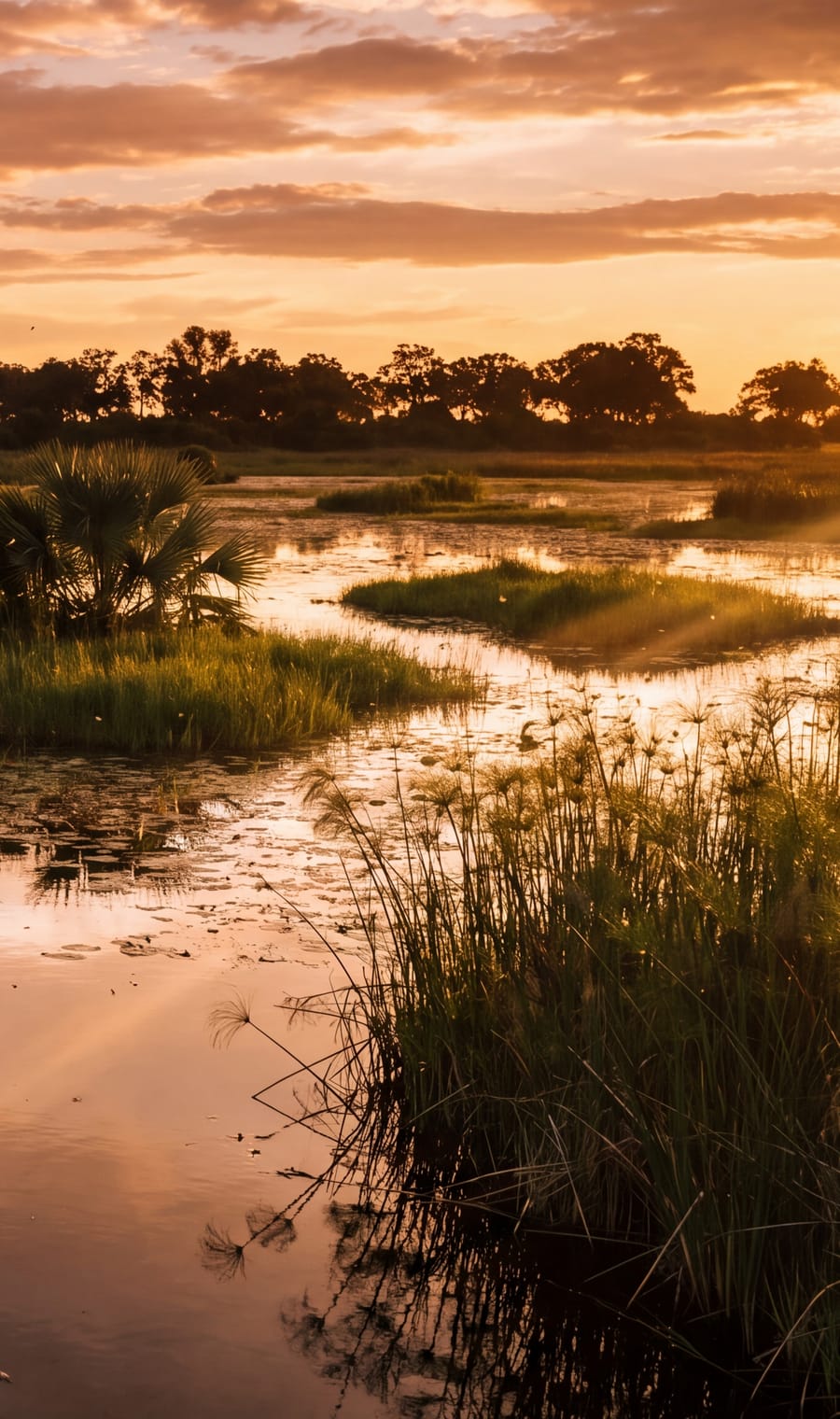 Water channels through Moremi's floodplain at golden hour
