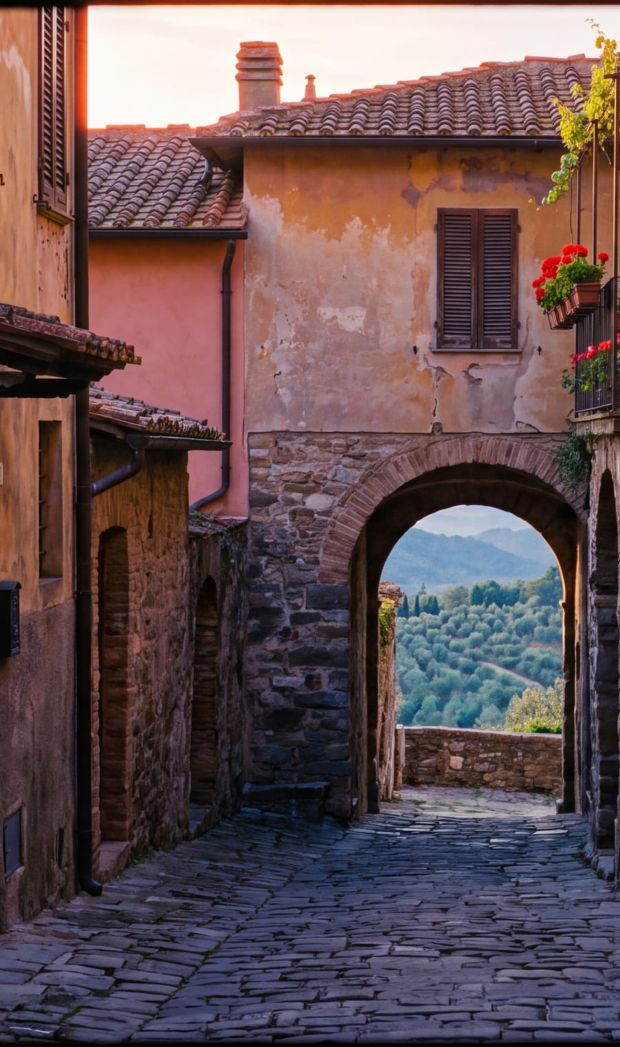 A stone archway in a hill village opening onto olive groves