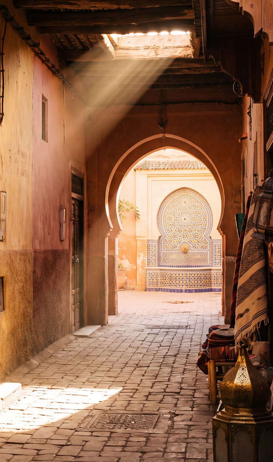Light falling through a tiled passage in the medina at Fez