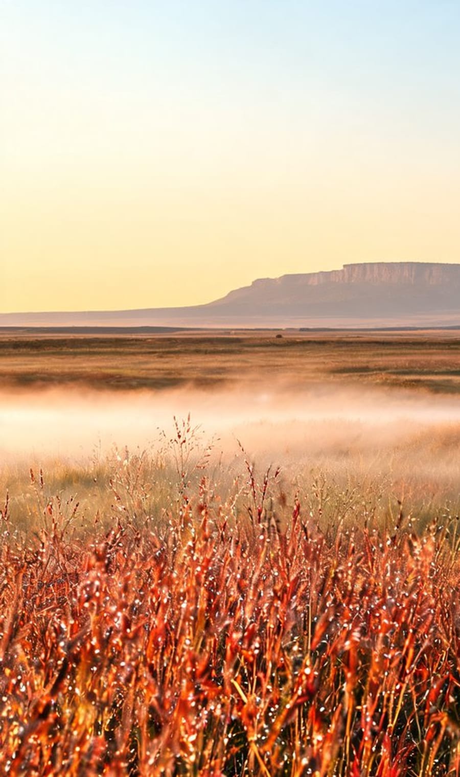 Mist lying over the red oat grass of the Masai Mara at sunrise, with a flat-topped escarpment on the horizon