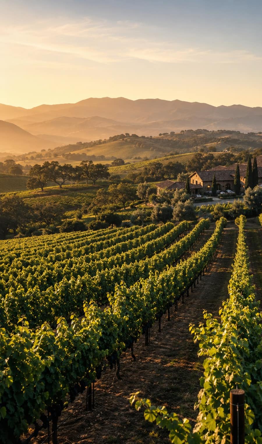 Rows of vines running downhill toward a stone winery estate in the Napa Valley at golden hour