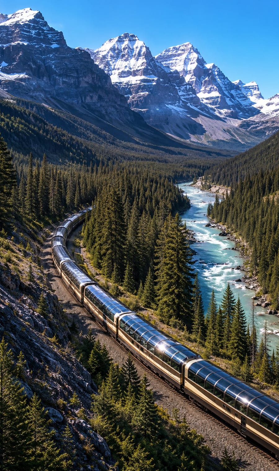 A train following a river through forest below the peaks of the Canadian Rockies