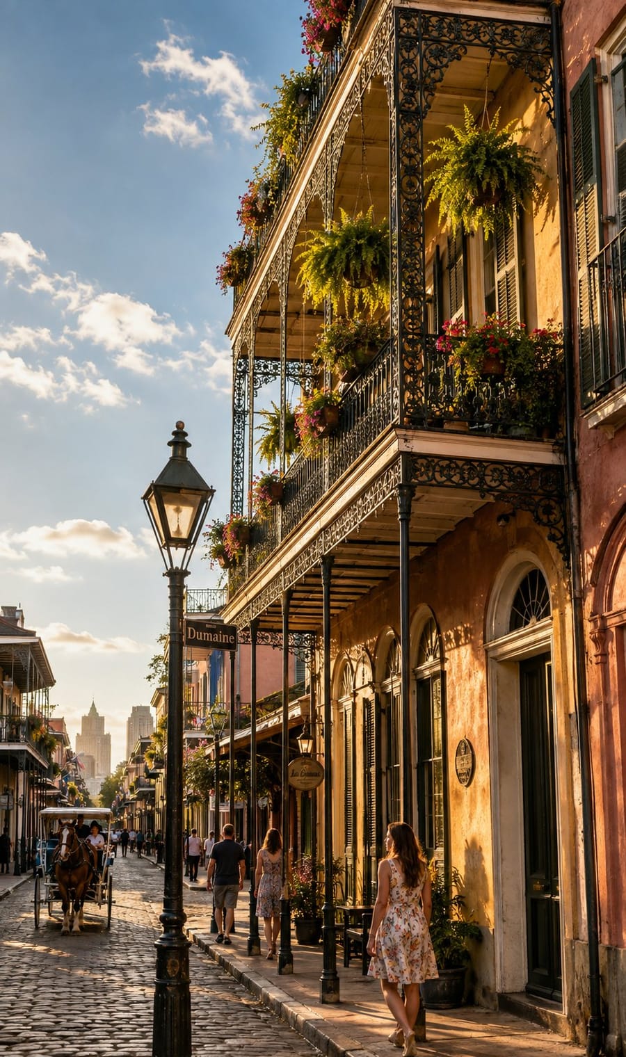 Wrought-iron balconies along a French Quarter street in New Orleans