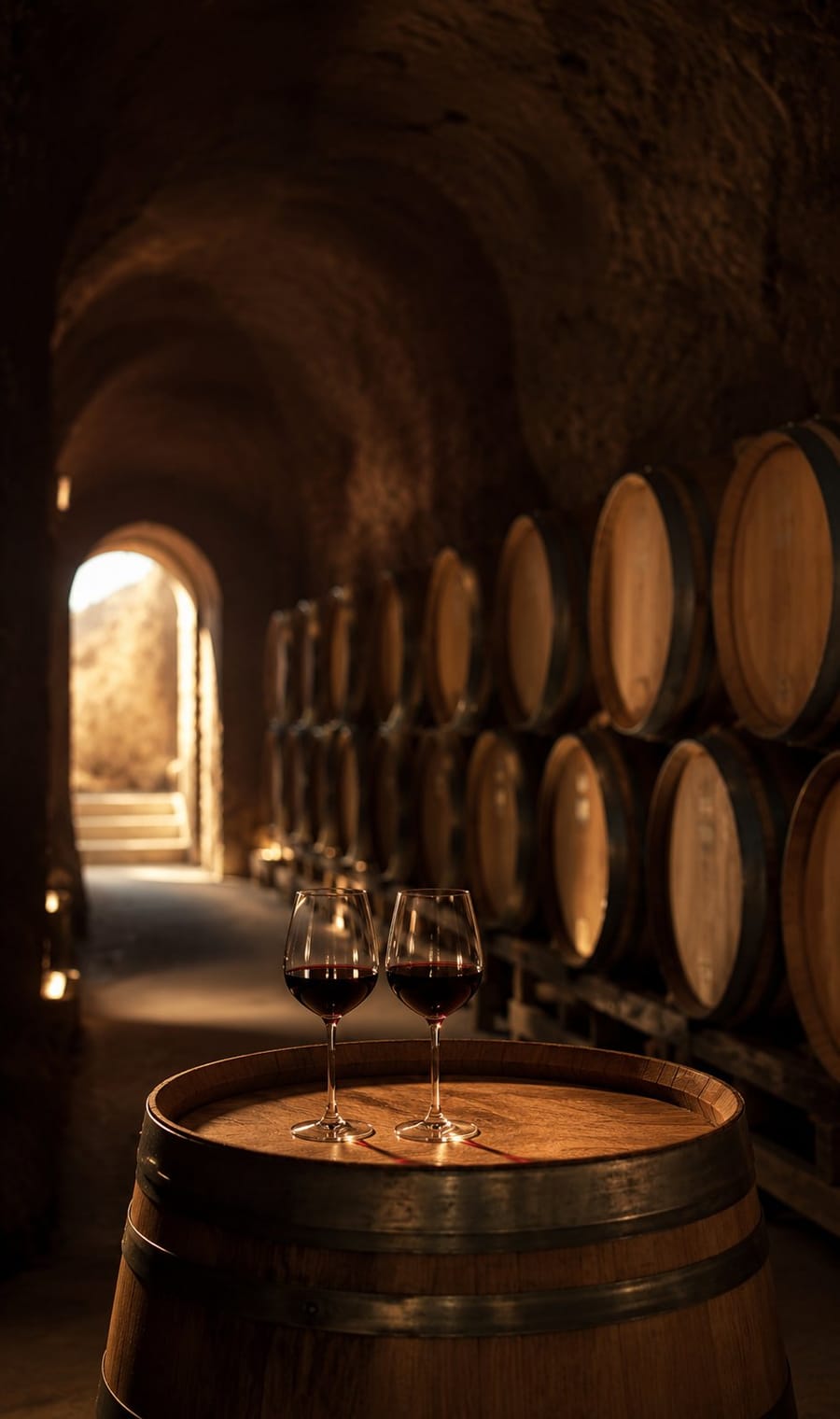 Wine glasses on a barrel in a candlelit cellar lined with oak casks