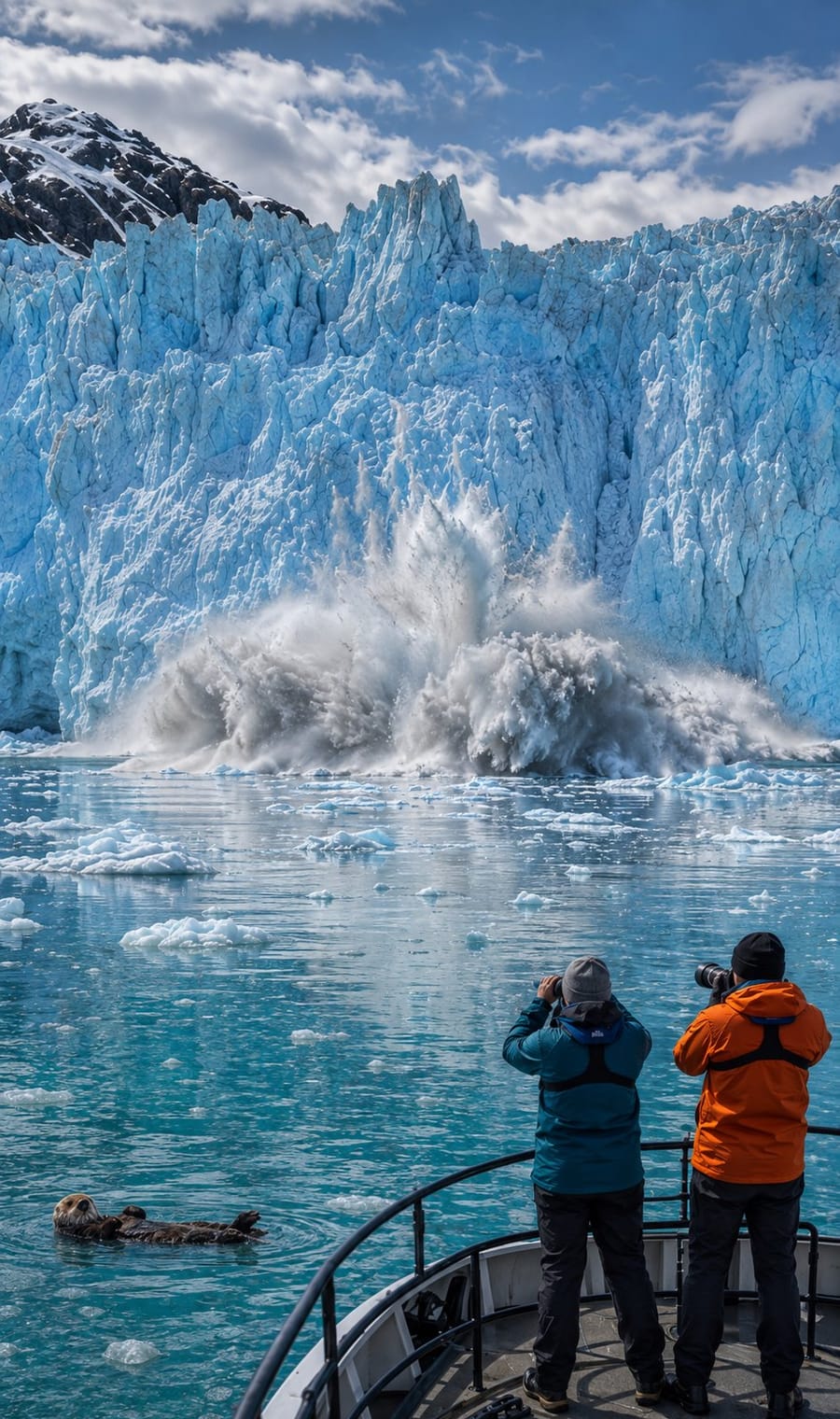 A tidewater glacier front seen from the bow of a small ship in Kenai Fjords, Alaska