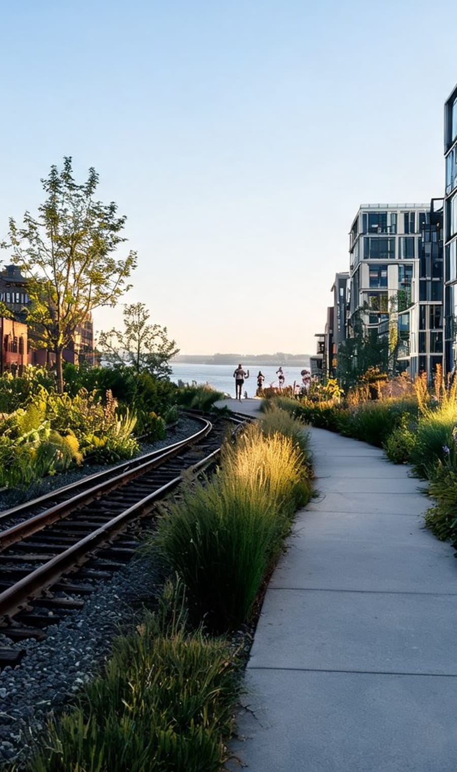 The planted walkway and old rails of the High Line in Manhattan