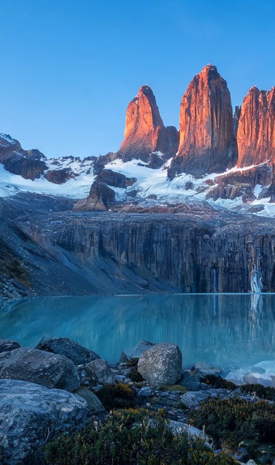 The granite towers of Torres del Paine catching first light above a still glacial lake