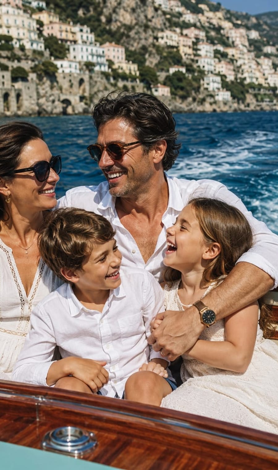 A family of four on the back of a wooden boat off the Amalfi Coast