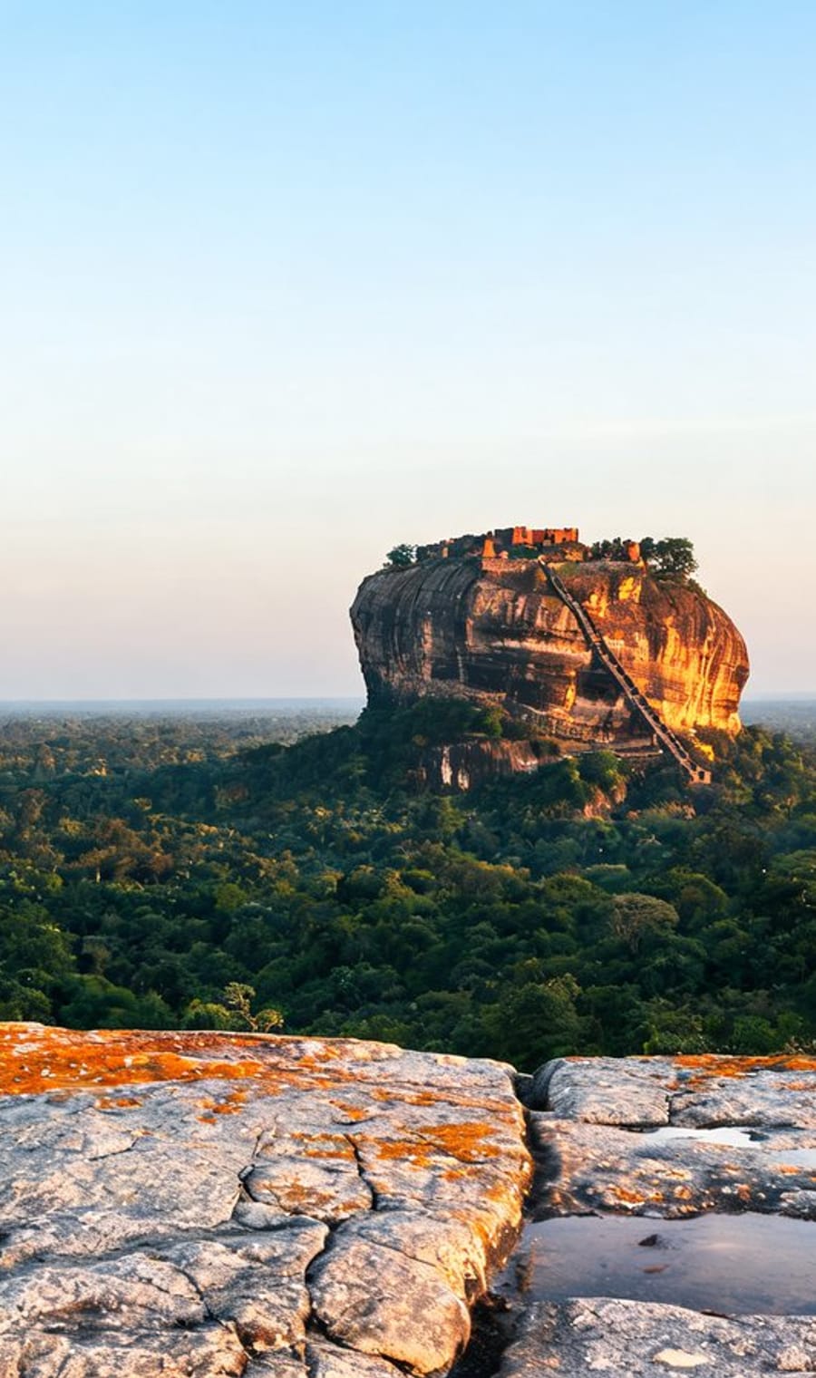 The Sigiriya rock fortress rising out of jungle, seen from a stone ledge