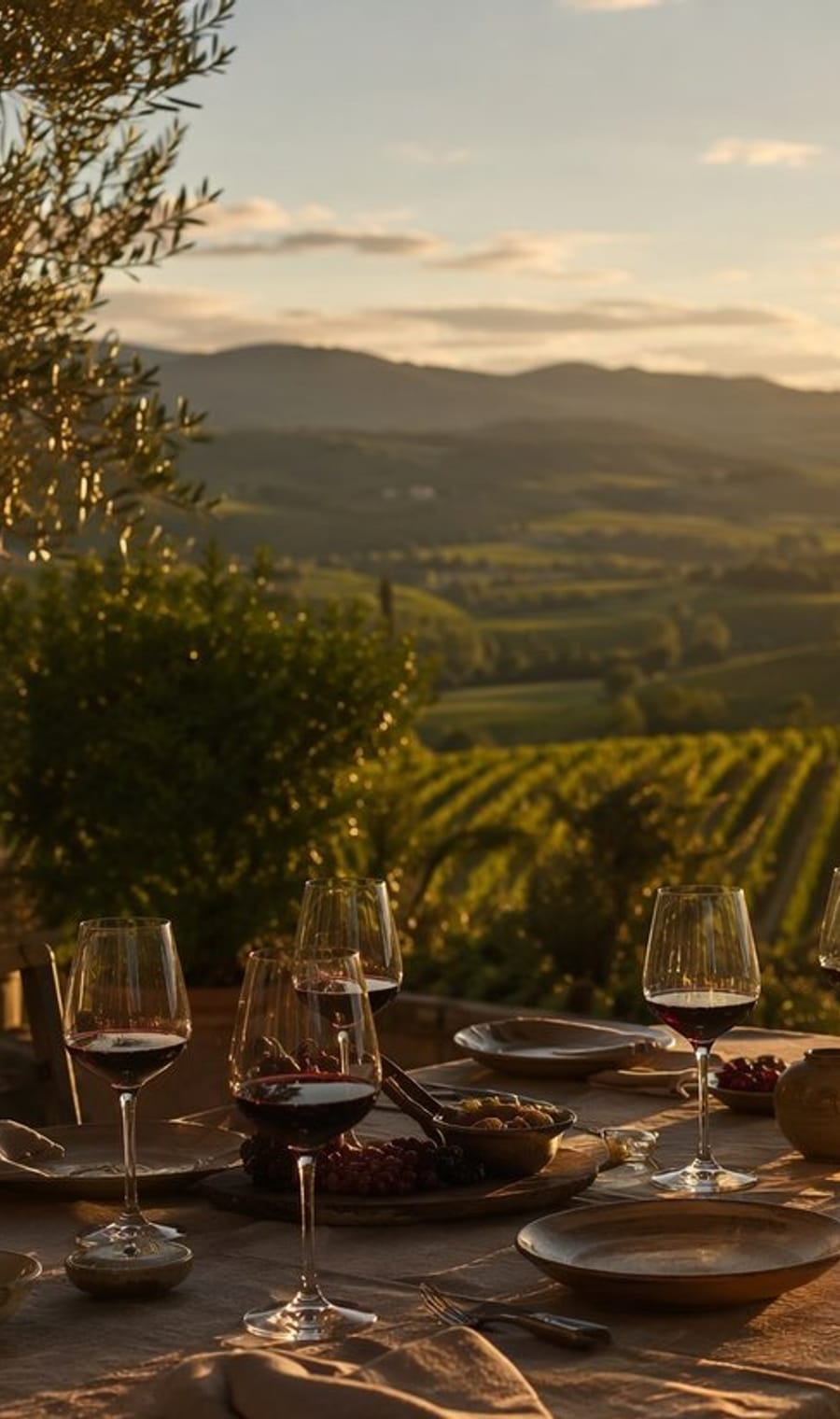 A long table set for dinner between vine rows in the Napa Valley at golden hour