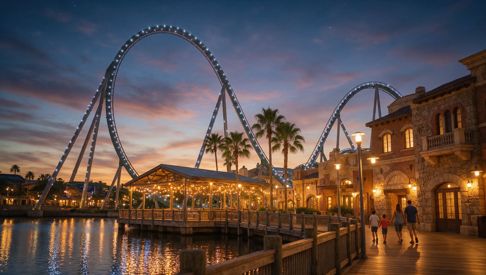 A lit steel coaster arcing over palms beside a stone waterfront promenade at dusk, a family walking toward it, Orlando