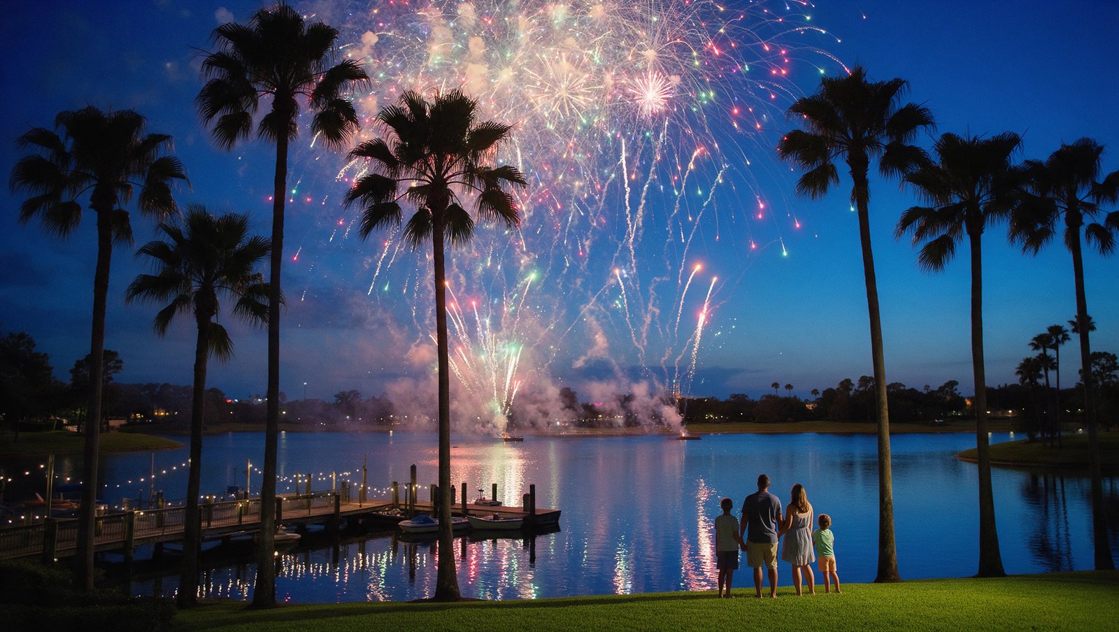 Fireworks over a palm-lined resort lagoon at blue hour, a family of four watching from the lawn beside a lit boat dock, Orlando