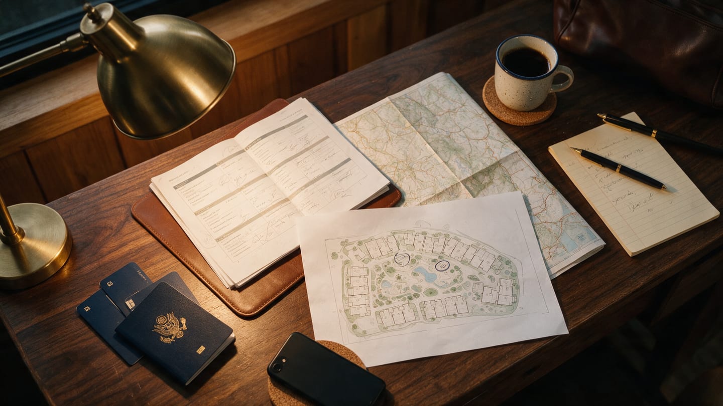 A marked-up printed itinerary, resort floor plan and passport spread across a desk under a lamp