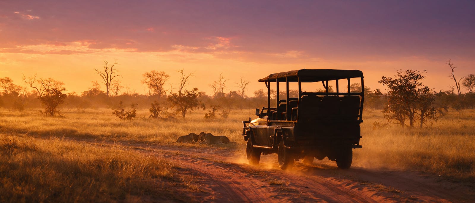 An open safari vehicle stopped beside three lionesses resting in gold grass on a Moremi track at dusk