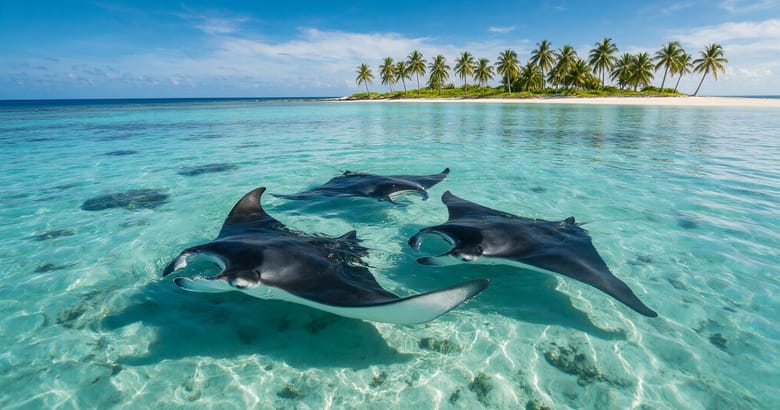 Manta rays circling in a shallow turquoise channel off a reef edge in Baa Atoll