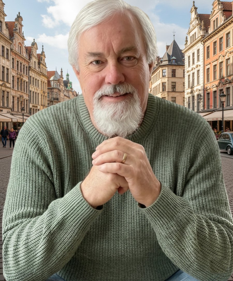 Mark Sole, founder of Hit Your Mark Travel, hands clasped at a café table in a European town square