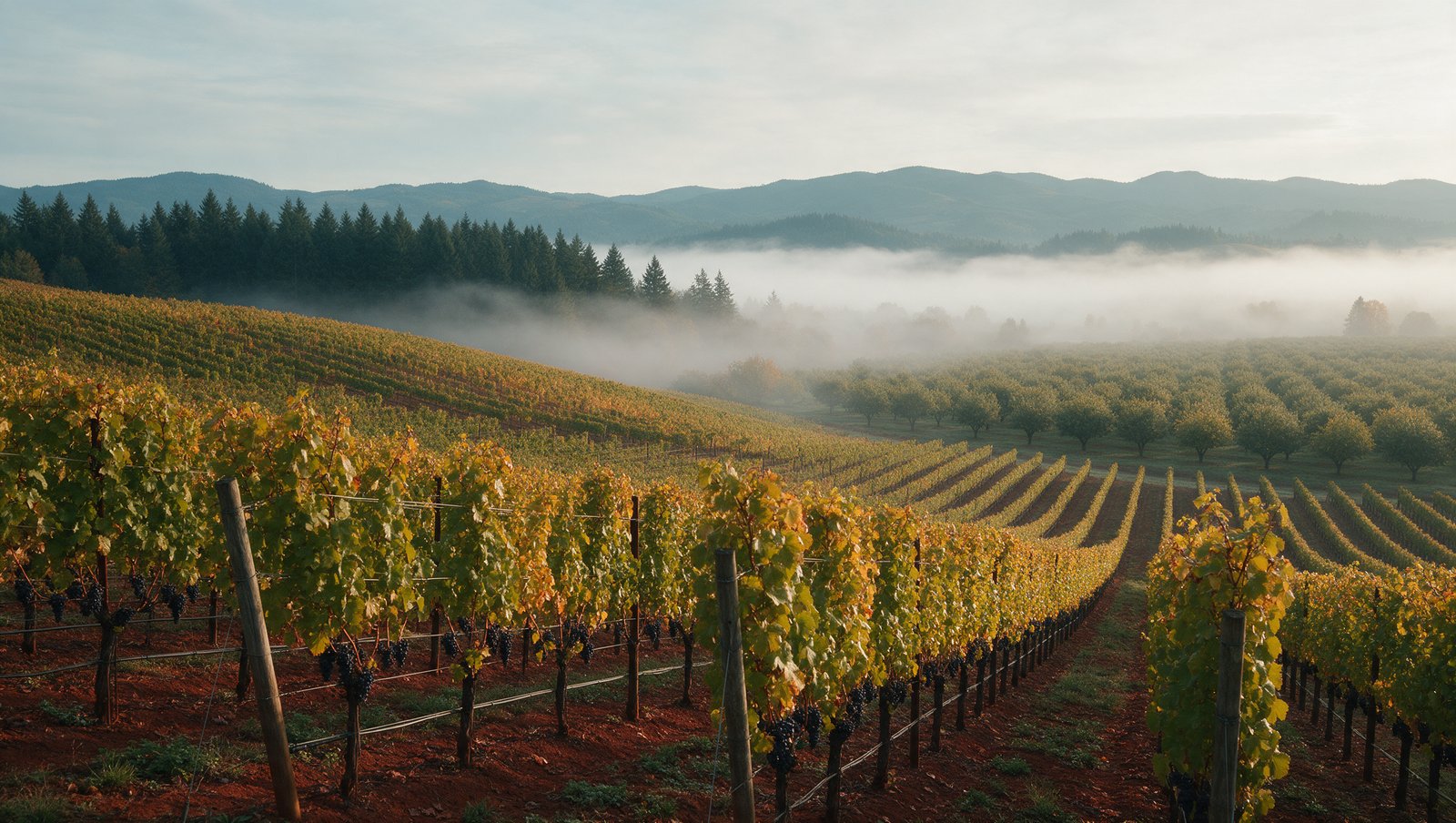 Pinot Noir rows turning gold above a fog-filled valley and hazelnut orchards, Dundee Hills, Willamette Valley