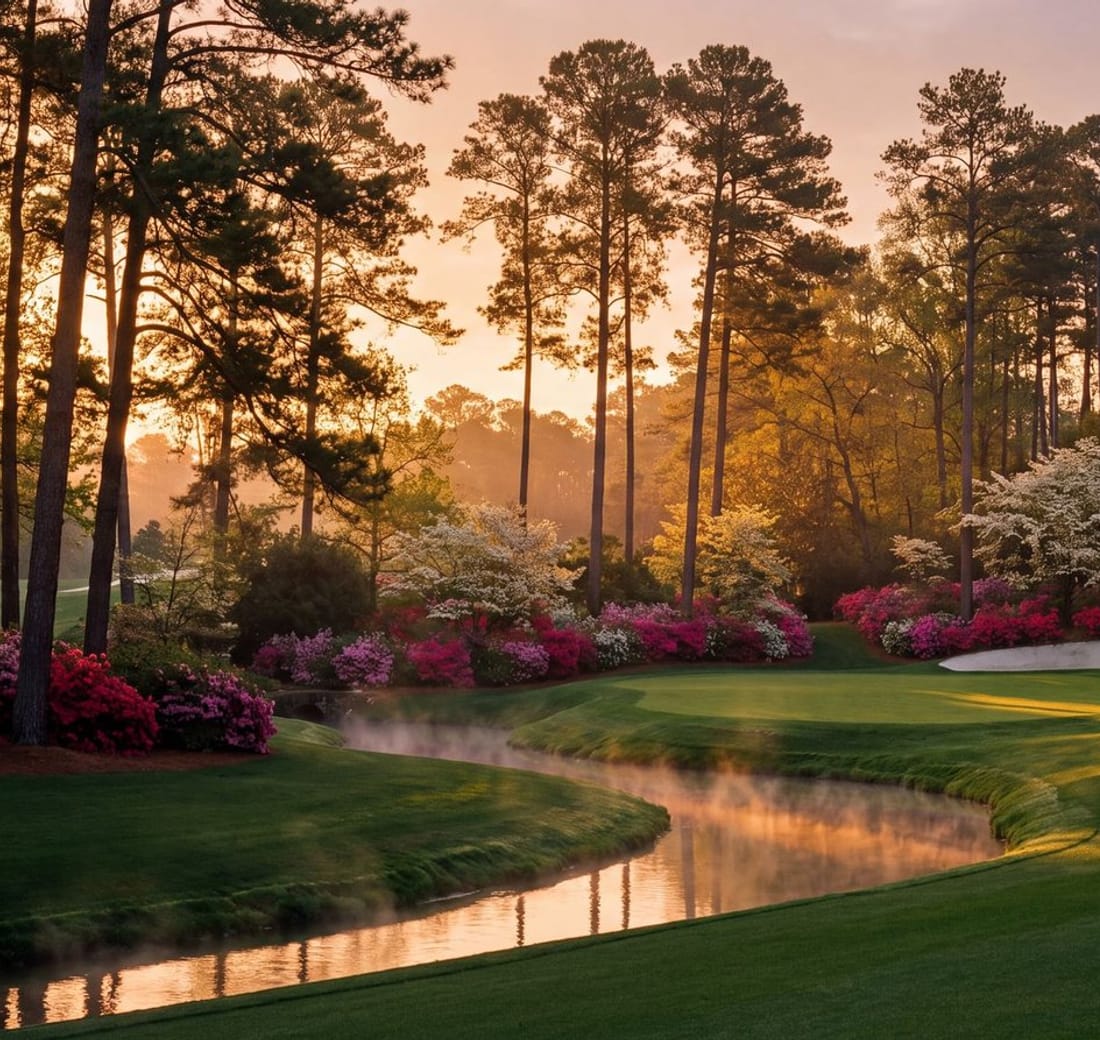 A creek bending through banked pink and white azaleas below tall Georgia pines at sunrise on the Augusta National course